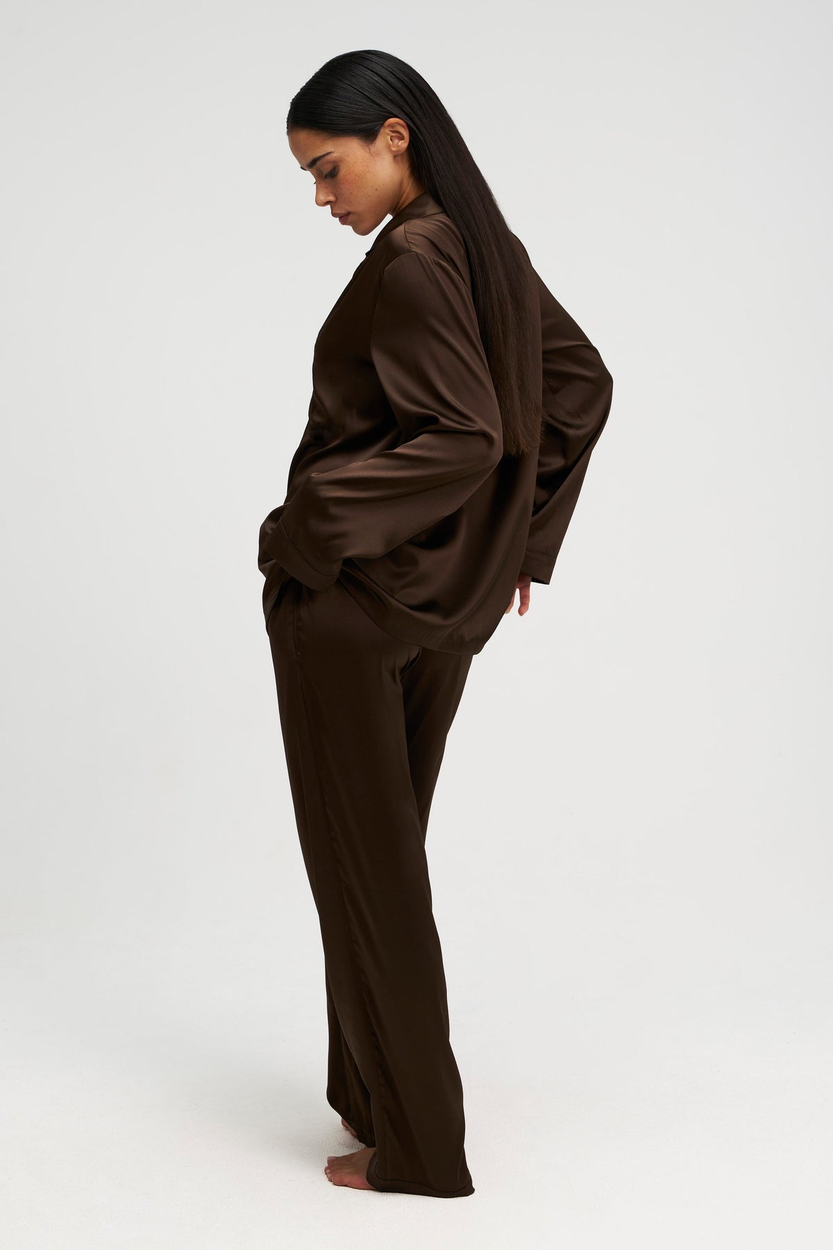 Long Premium Silk PJ Set Chocolate
